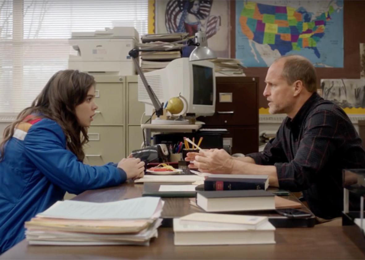  Mr. Bruner, played by Woody Harrelson, is the sarcastic yet supportive high school teacher who engages with Nadine and her teenage angst in his own unique way.
